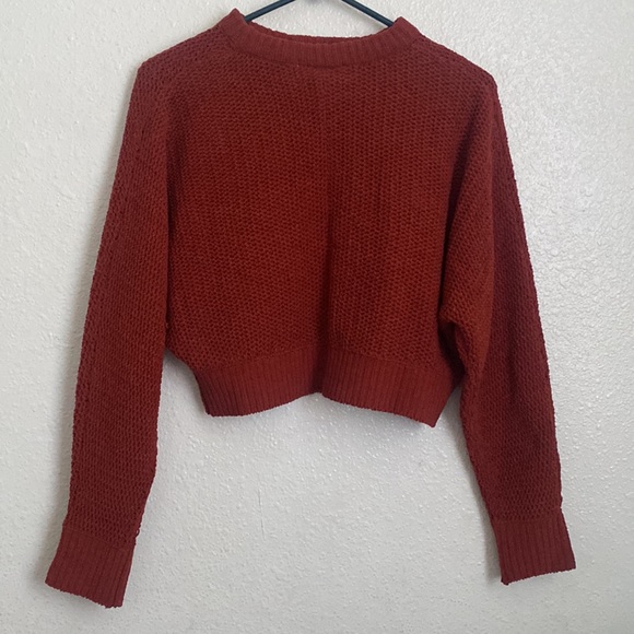 NWOT • Burnt Orange Lace Up V-Neck Cable Knit Sweater - Picture 3 of 5